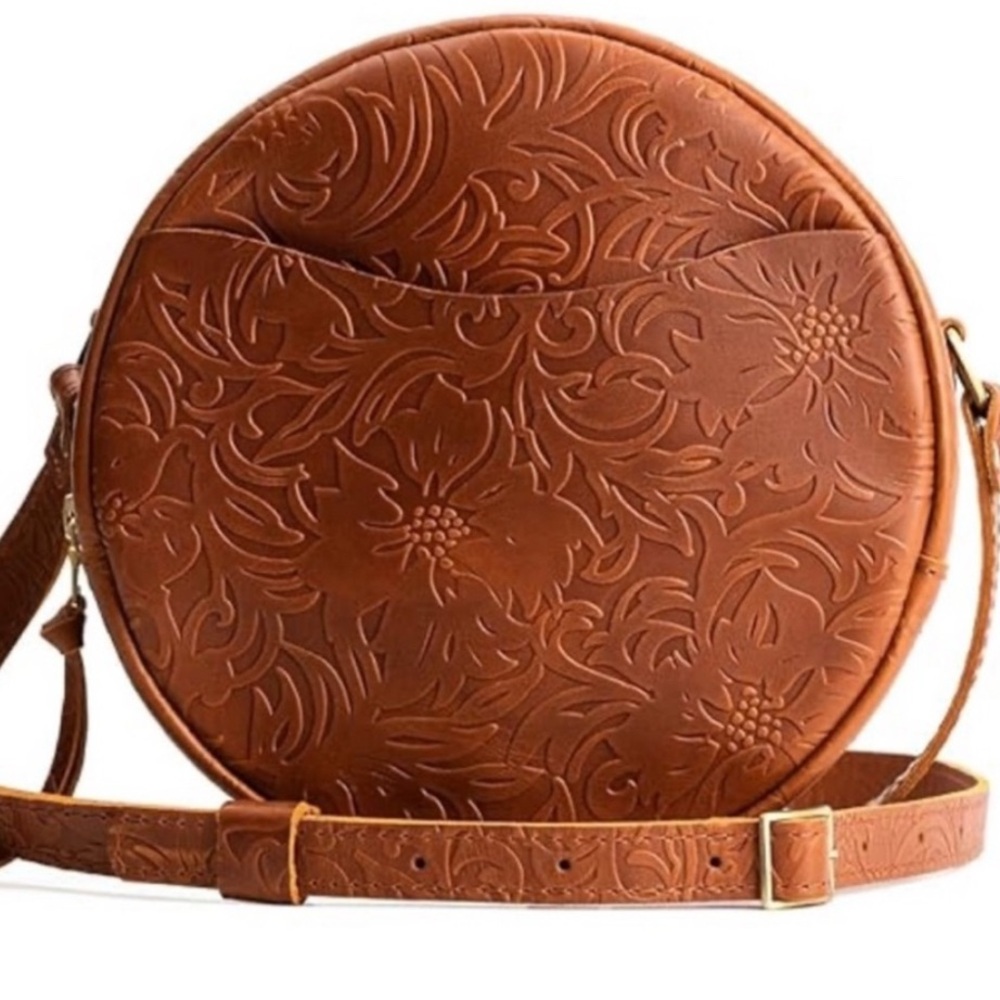 Portland Leather Embossed Round Crossbody Bag in Tan Brown
